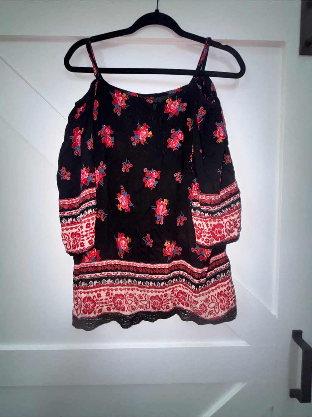 Angie Black Tunic with Red Floral and Border Print